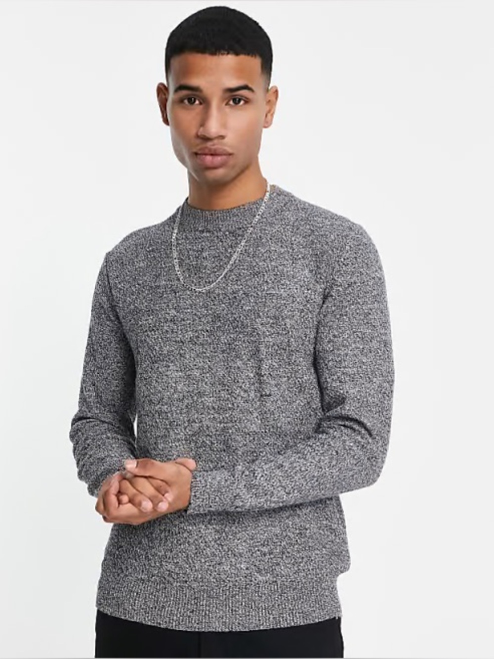 Selected Homme 100% organic cotton Crew Knit Sweater Heather Grey Ribbed jumpe
